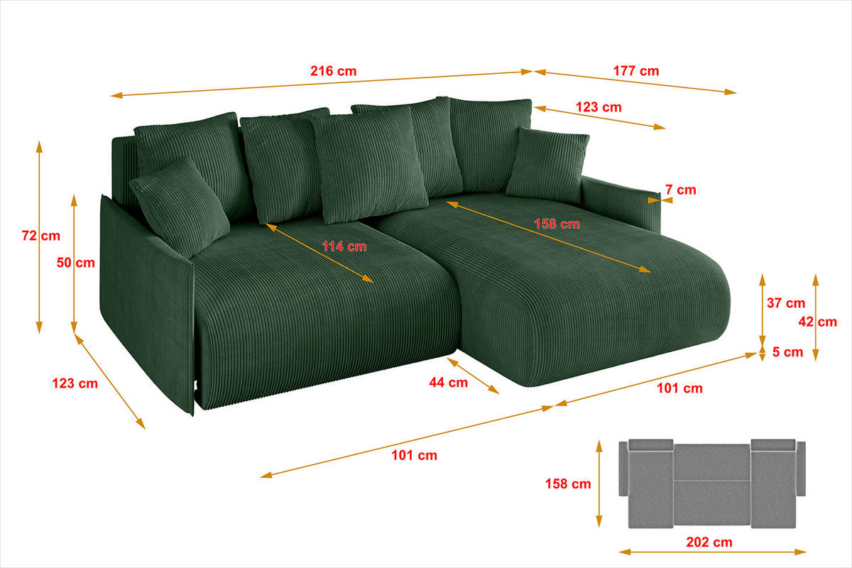 ECKSOFA Ottomane rechts ONESK-L -v1 216x177x72 Grün Cord - Grün, Holzwerkstoff/Kunststoff (177/216cm) - ALTDECOR