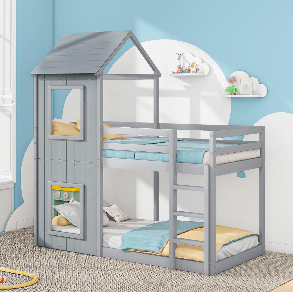 ETAGENBETT 90/200 cm Grau aus massivem Kiefernholz mit Leiter und Baldachin - Grau, Holzwerkstoff (90/200cm) - OKWISH