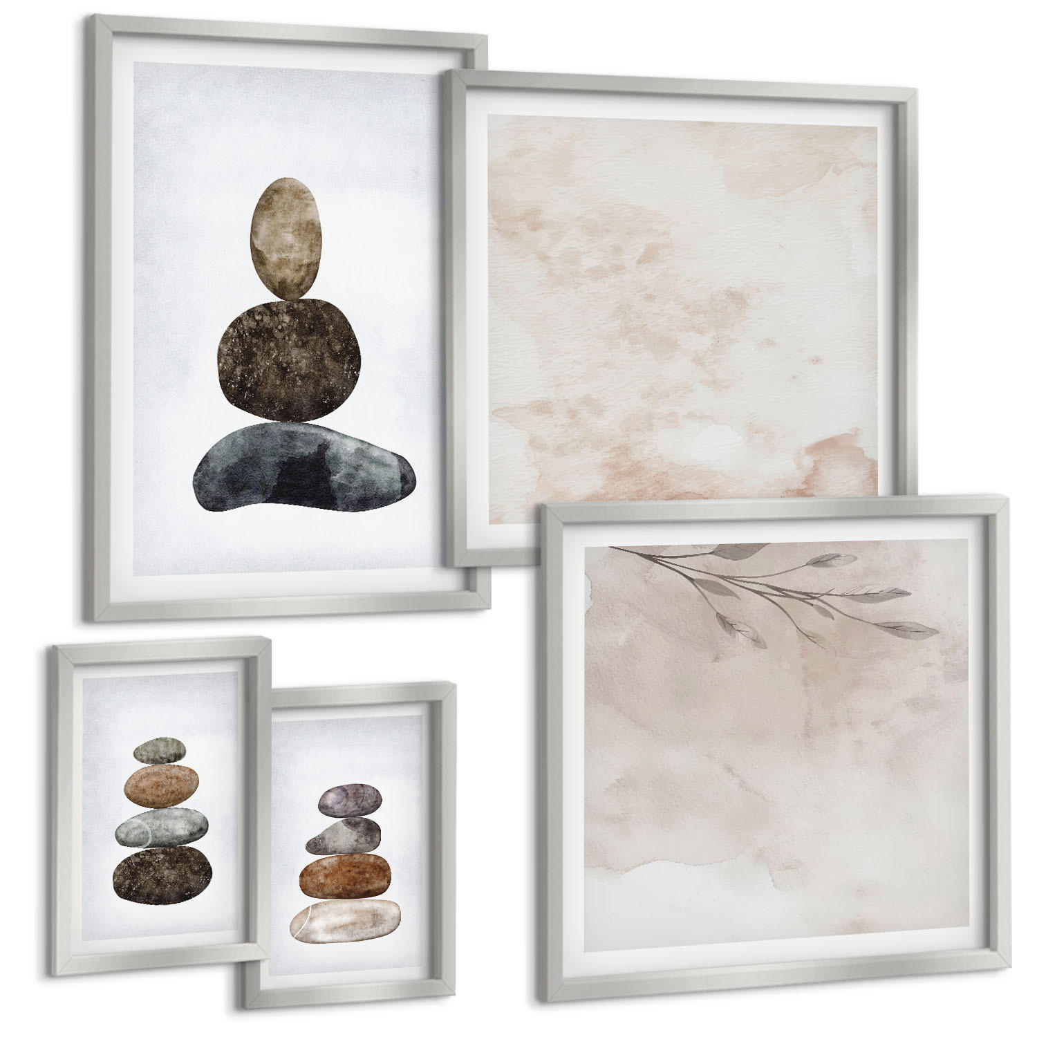 BILDER SET 5er Set - 50x50 cm & 20x30 cm & 40x60 cm Silberner Rahmen - Steinstapel-Boho-Malerei - Silberfarben, Kunststoff (40/60cm) - TULUP