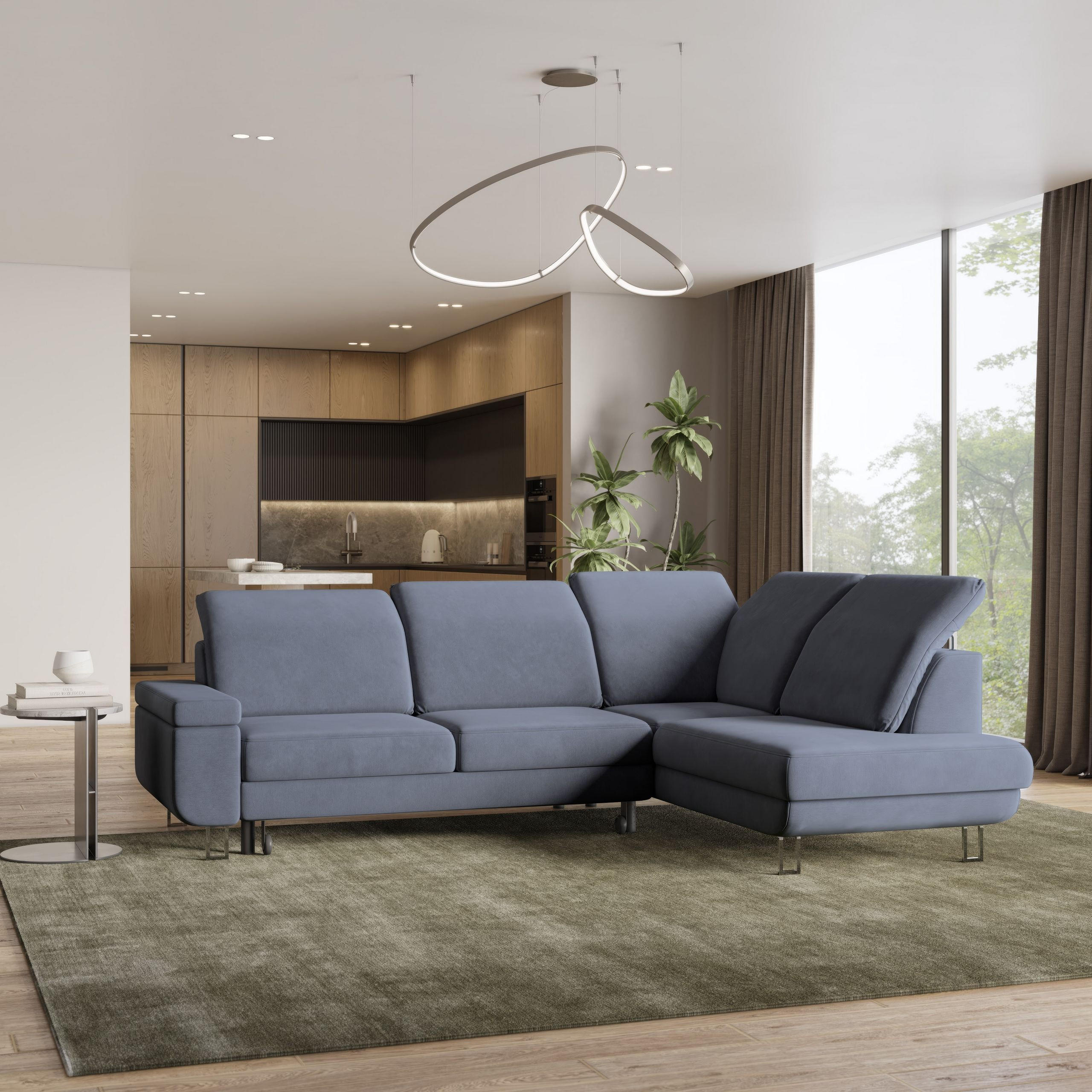 ECKSOFA LERMA R-S Grau Velours-Stoff mit Schlaffunktion - Grau, Holz (253/190cm) - MASSENO