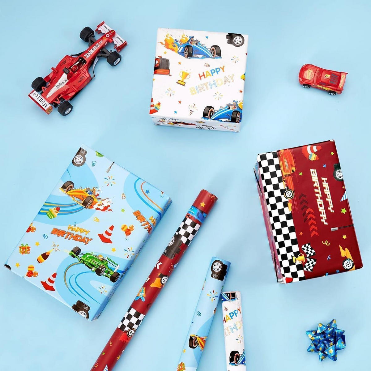 GESCHENKPAPIER 3er Set Rennauto 43 cm x 3 m - Multicolor, Papier (0.1/0.1/0.1cm)