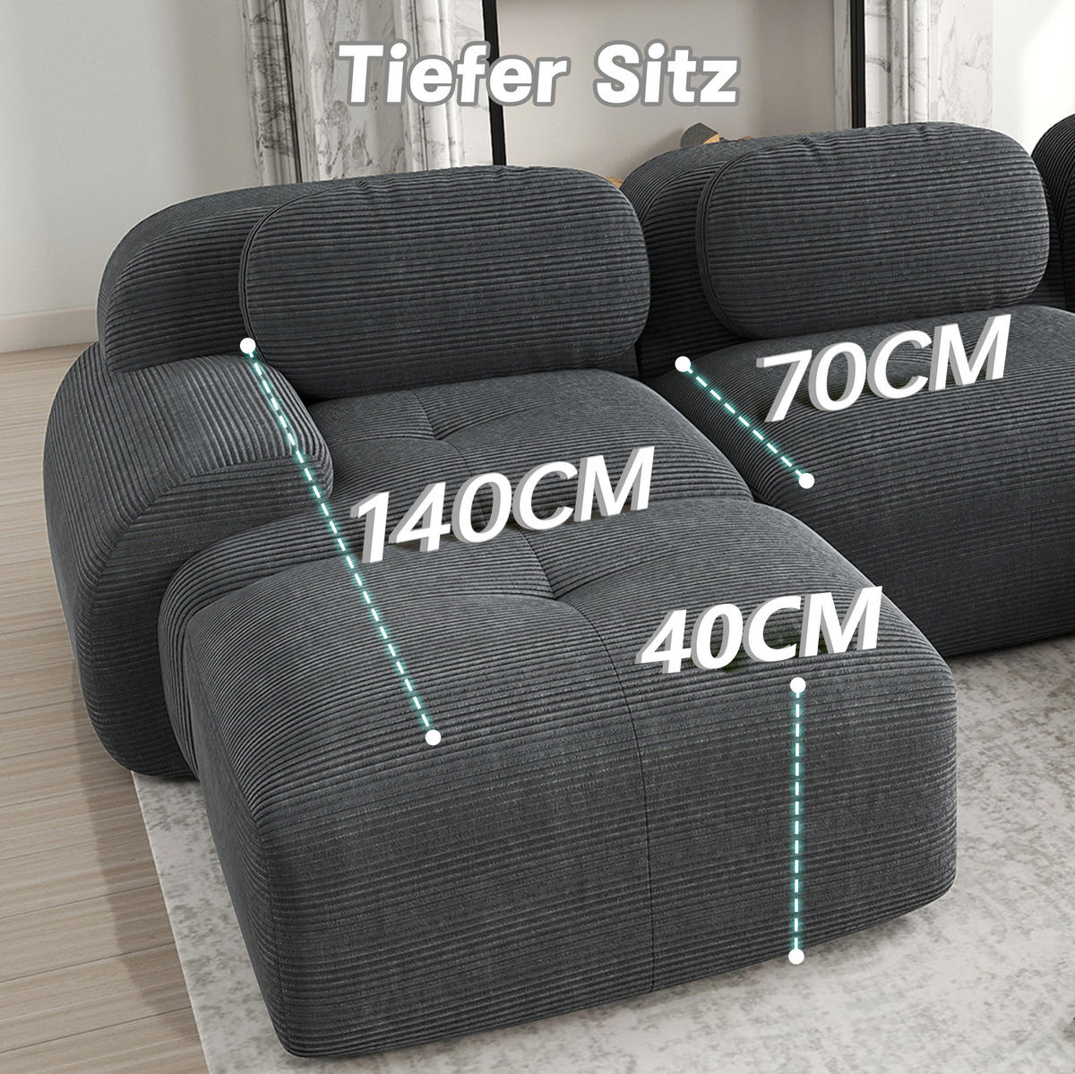 ECKSOFA modular rahmenlos mit geschwungenen Armlehnen und Cordbezug, Grau - Grau, Textil (208/178cm) - Redom