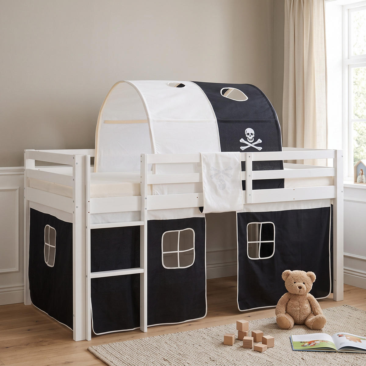 HOCHBETT mit Matratze Tunnel 90/200 cm Pirat - Schwarz/Weiß, Holz - Homestyle4u