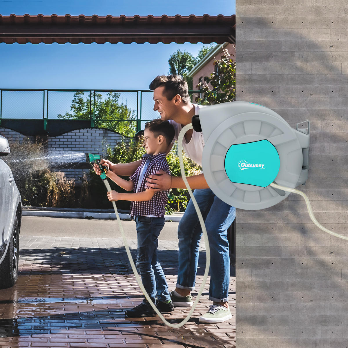 SCHLAUCHTROMMEL mit Gartenschlauch 25m - Grau, Kunststoff (20/42/55cm) - Outsunny