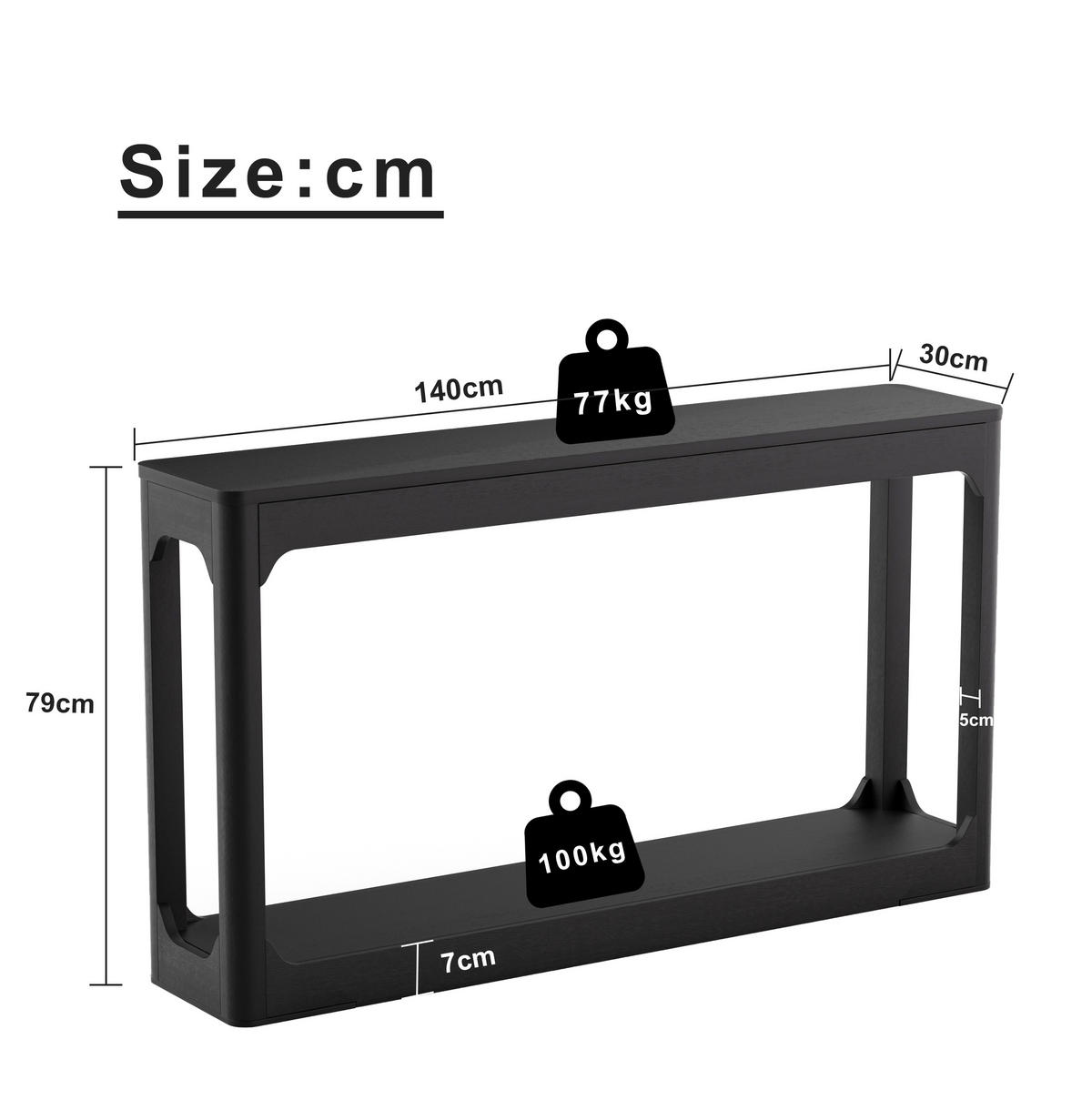 BEISTELLTISCH DE-37275 140 cm lang mit zweistöckigem Stauraum Schwarz - Schwarz, Holzwerkstoff (140/30/79cm) - ComfortXL
