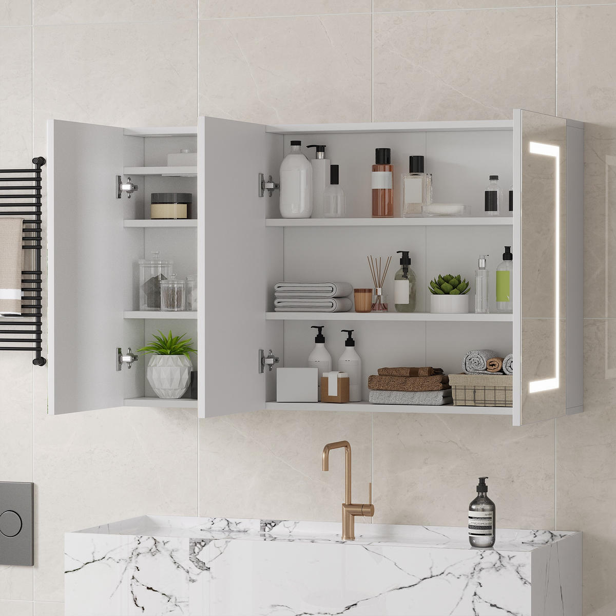 SPIEGELSCHRANK, Wandbadezimmerschrank mit LED-Spiegel, 60 x 100 cm, 3 Türen, integrierte Steckdose und USB-Anschlüsse - Weiß, Glas (60/100.4/13.5cm) - Waldena