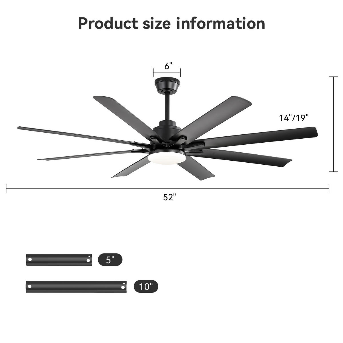 DECKENVENTILATOR DE-16201 52 Zoll mit 8 ABS-Flügeln & Fernbedienung - Schwarz, Kunststoff/Metall (132.08/132.08/26.8cm) - ComfortXL