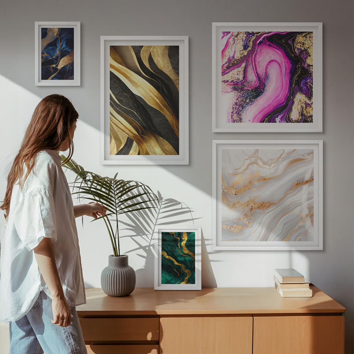 WANDBILDER 5er-Set - 50x50 cm & 20x30 cm & 40x60 cm Weißer Rahmen - Abstrakter Marmor mit Farben - Weiß, Kunststoff (40/60cm) - ArtPrintCave