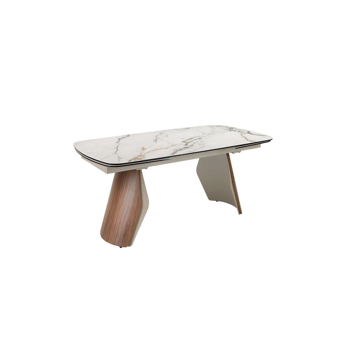ESSTISCH Ovaler ausziehbarer Esstisch in Fassform aus Porzellan-Marmor, metallisch sandfarbenem Stahl und Nussbaumholz Ø180/100/76 cm - Sandfarben/Walnussfarben, Stein/Metall (100/180/76cm) - ANGEL CERDA