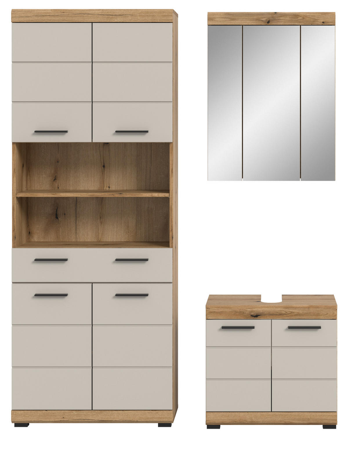 BADMÖBEL Set 3-teilig in Sand Kaschmir und Evoke Eiche Badkombination 149 x 191 cm Shawn - Kaschmir/Eichefarben, Glas/Holzwerkstoff (149/191/34cm) - Inn.Furn