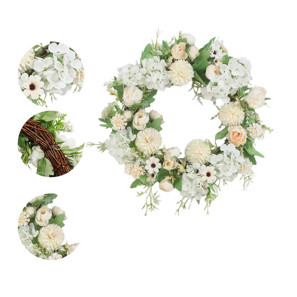 KUNSTBLUME Pfingstrosen und Mischblumen Künstlicher Frühlingskranz für Hochzeit und Dekoration - Weiß, Kunststoff (20cm) - Livingandhome