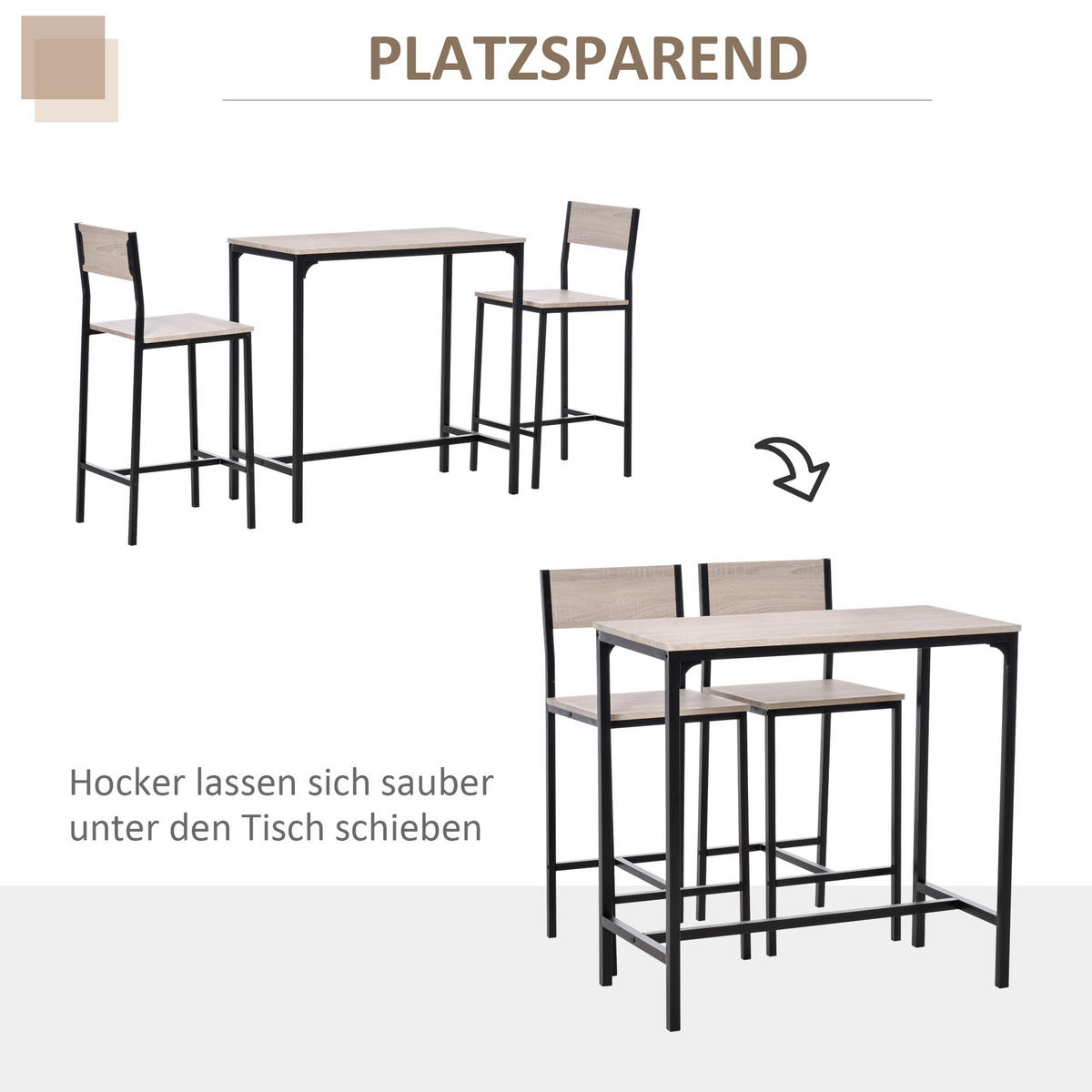 BARTISCH-SET, MDF, Metall, Natur+Schwarz - Naturfarben, Kunststoff (45/87/89cm) - HOMCOM