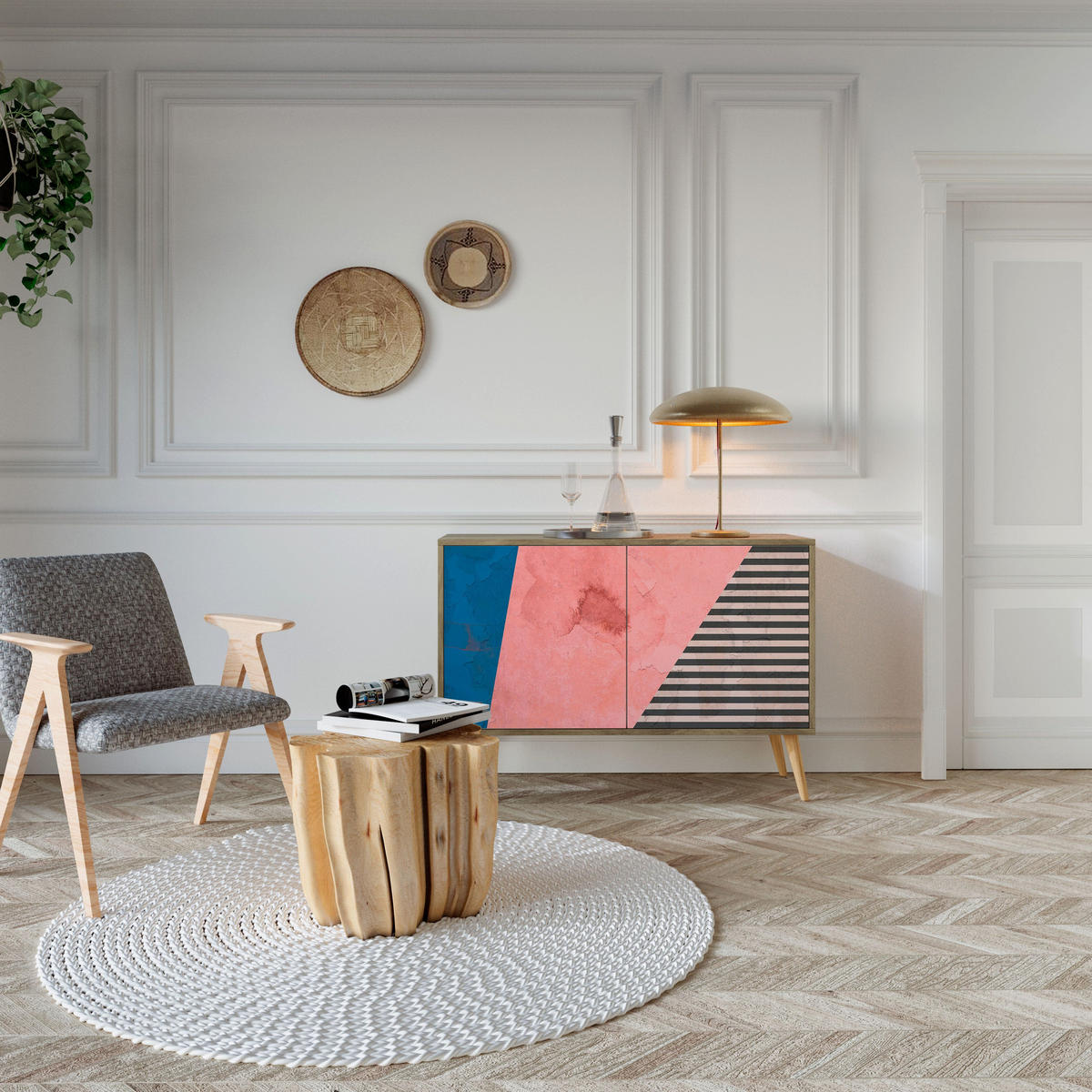 SIDEBOARD GLAMOROUS STRIPE, Eicheneffekt, 111x42x77,5 cm, 2 Türen - Eichefarben/Buchefarben, Holzwerkstoff/Buchenholz (111/77.5/42cm) - SpaceRebels