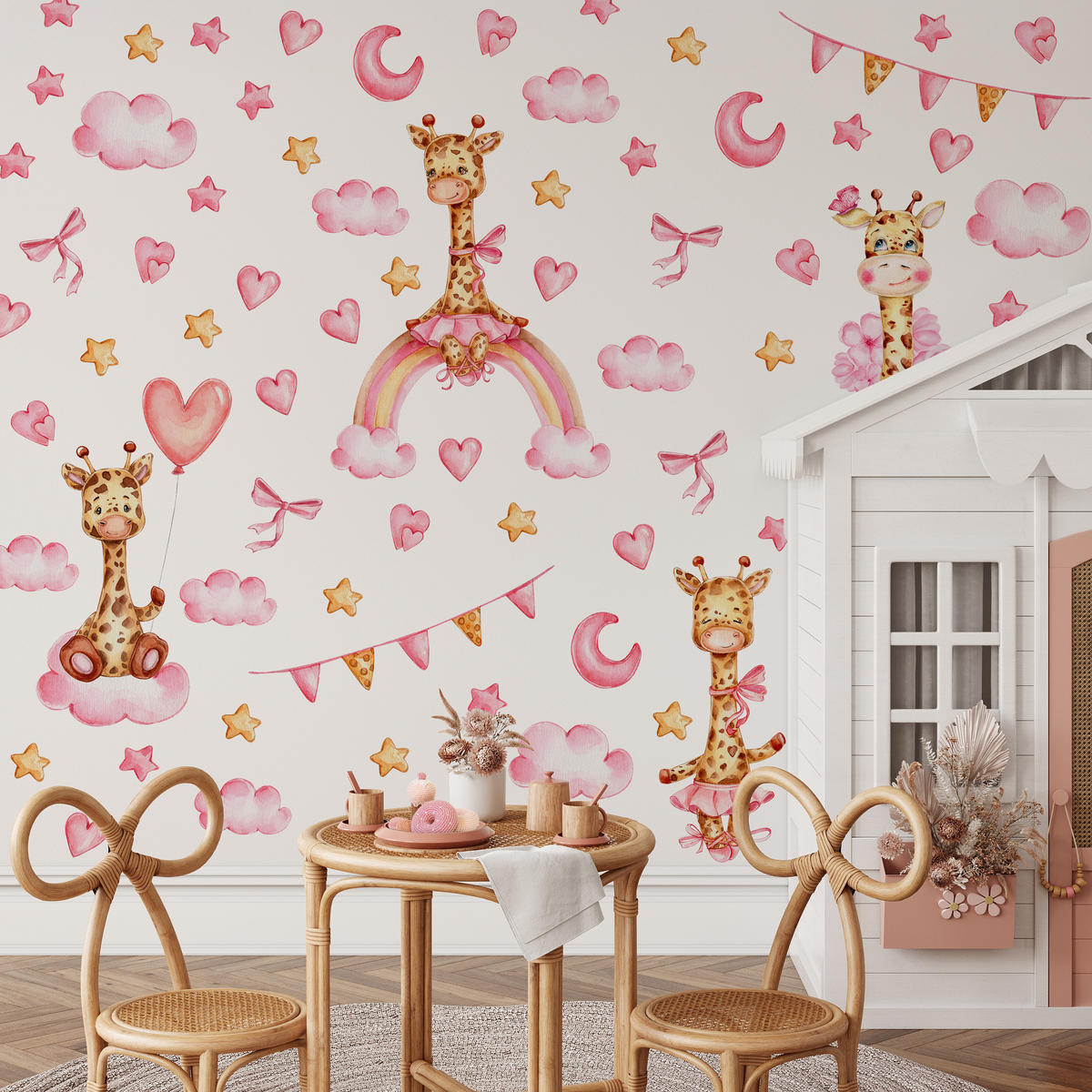 STICKER SET für Kinder Giraffen rosa Wolken Monde Sterne 60x30 - Gelb/Beige, Papier (60/30/1cm) - Muralo