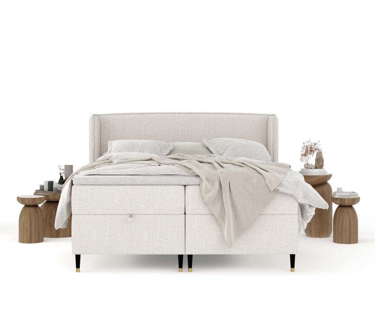 BOXBETT Monpelli Hellbeige 200/200 cm mit Matratze und Topper - Beige/Schwarz, Holz/Holzwerkstoff (200/200cm) - Maison de Reve