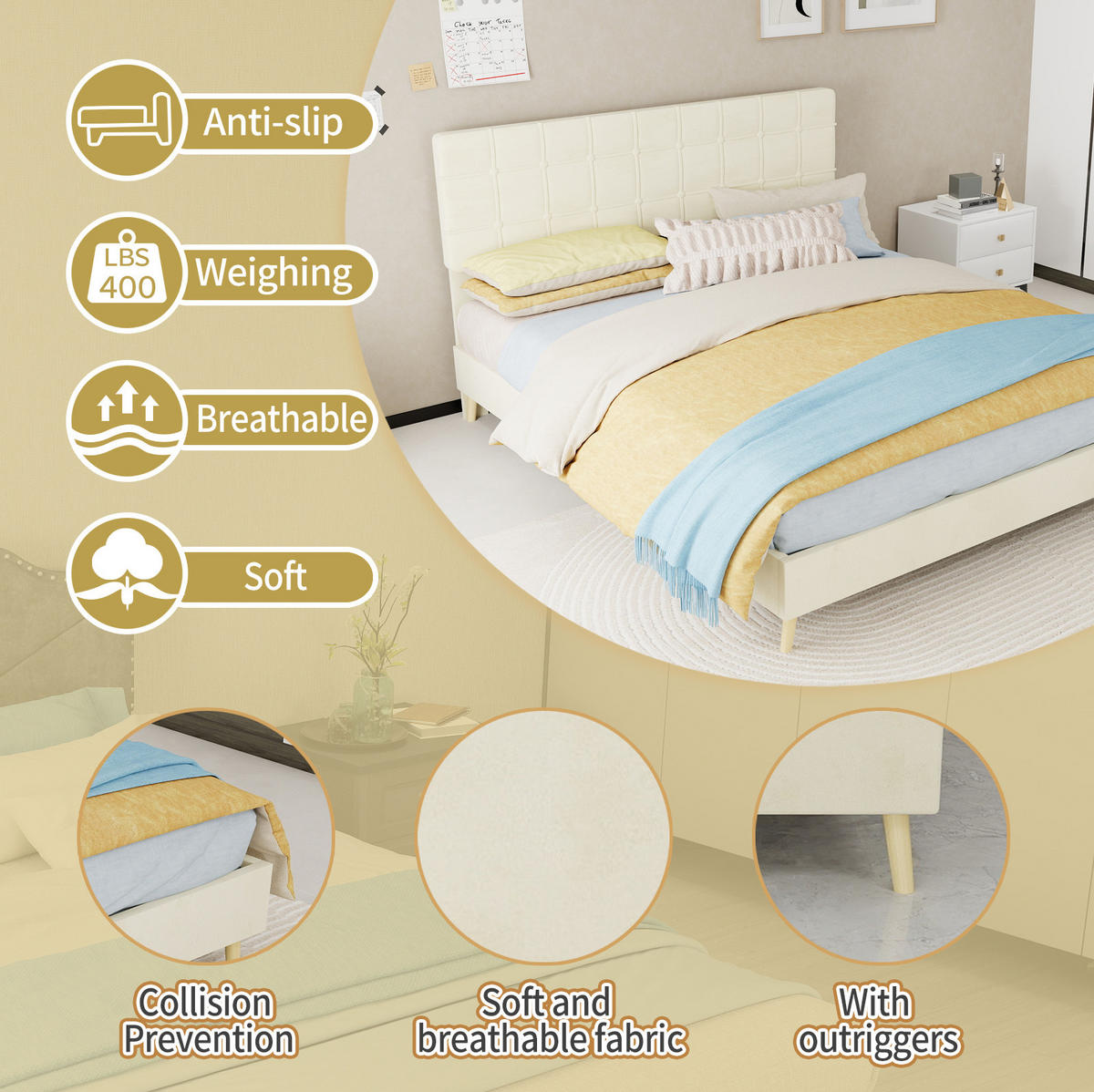 POLSTERBETT 160x200 cm in Beige mit gepolstertem Karostepp-Kopfteil inklusive Matratze - Beige, Textil (160/200cm) - IVMEU