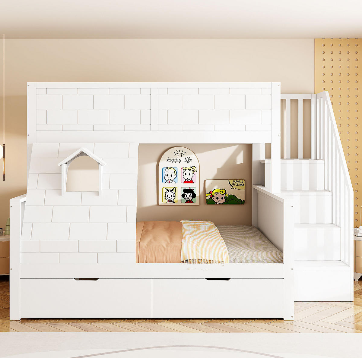 ETAGENBETT 90/200 & 140/200 cm mit Stauraumtreppe, 2 Schubladen und Fenster, Weiß - Weiß, Holzwerkstoff (90/200cm) - Redom