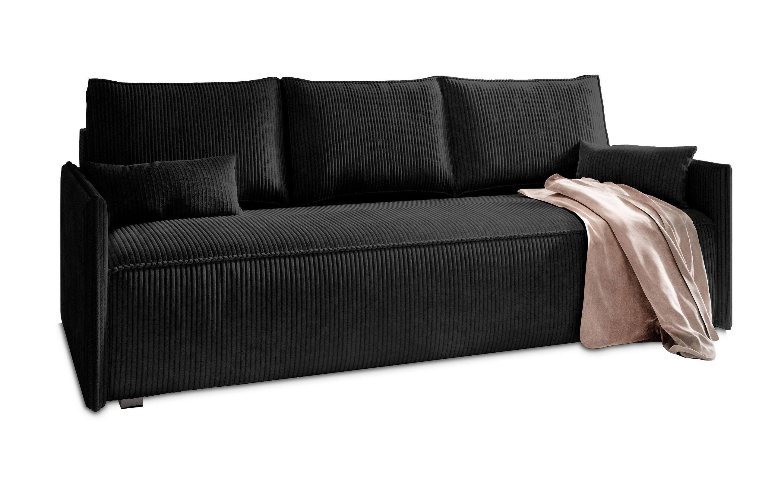 BETTSOFA MESTOR Schwarz Kordstoff mit Schlaffunktion - Schwarz, Textil (206/83/87cm) - MASSENO