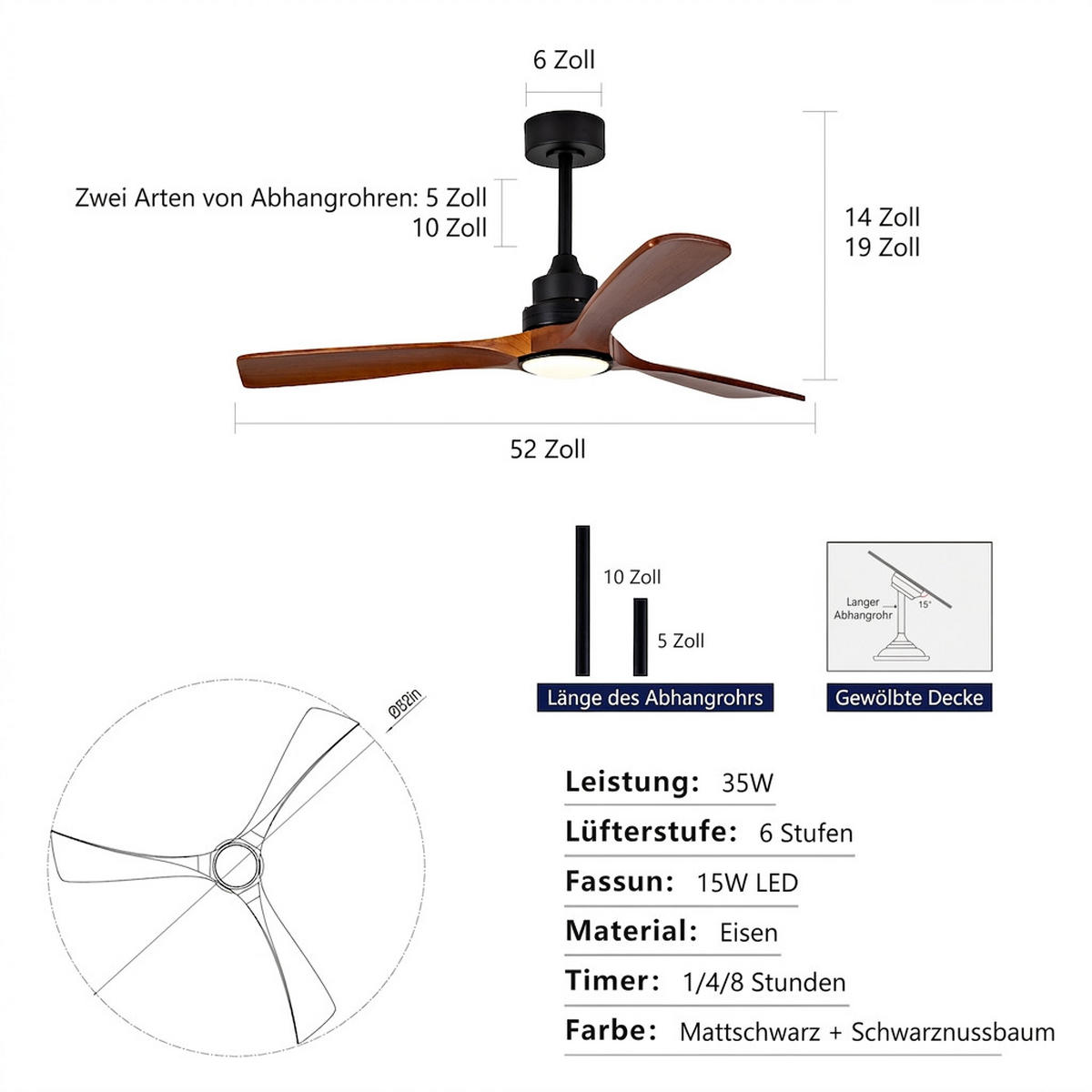 DECKENVENTILATOR & 3 Holzflügeln, 3-Stufen Dimmer, DC-Motor(35dB) - Schwarz, Holzwerkstoff (132/132/45.7cm) - BEXEVUE