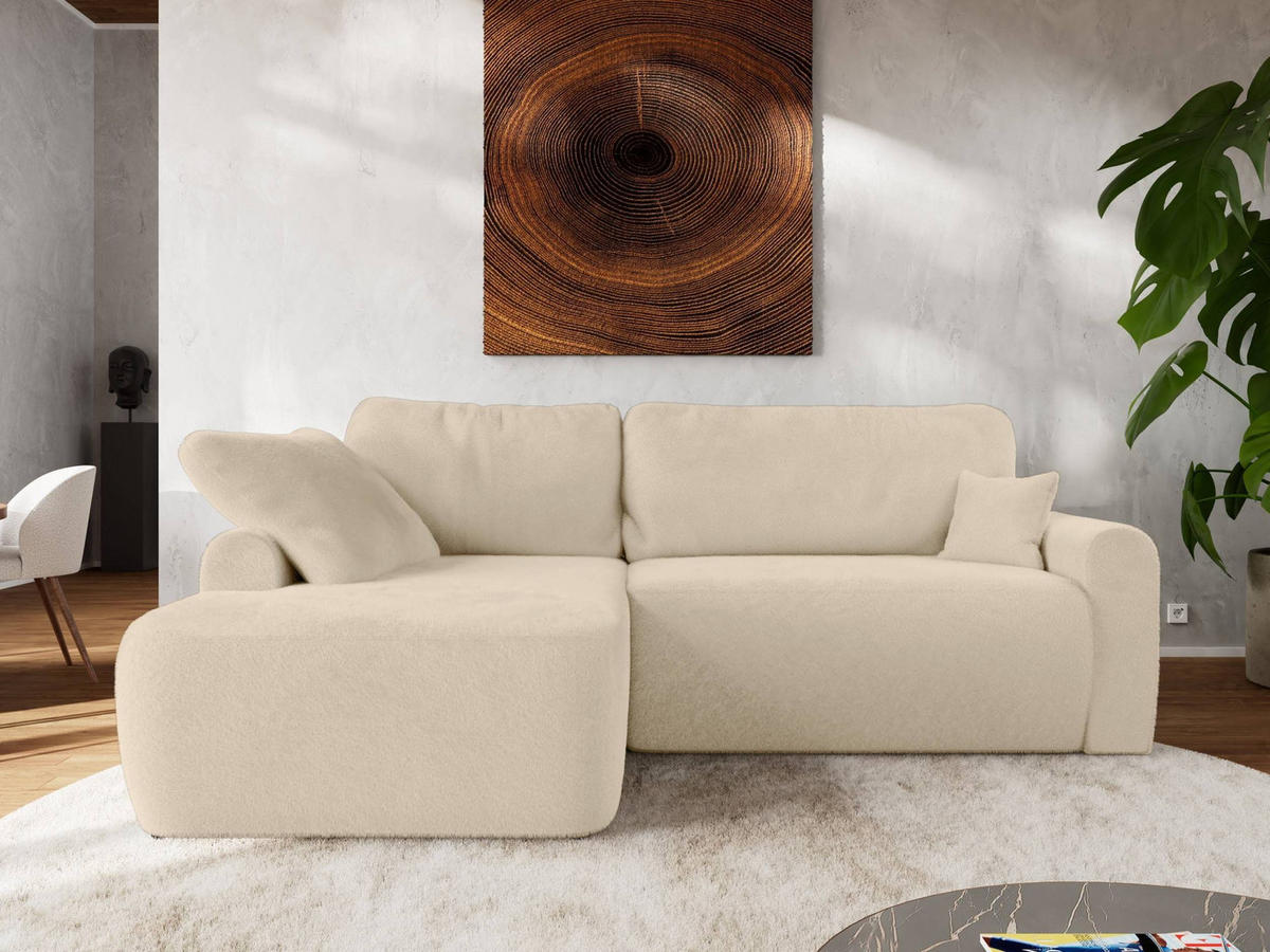 ECKSCHLAFSOFA CUBO L Creme Plüsch - links - Creme/Schwarz, Kunststoff/Textil (273/187cm) - MKS