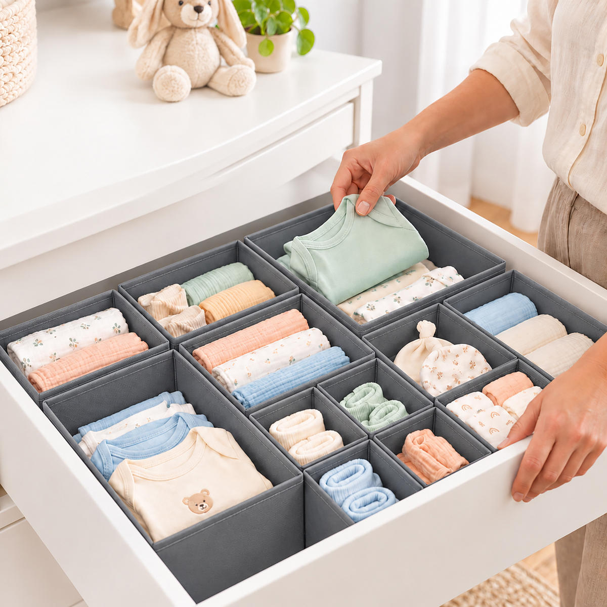 SCHUBLADENORGANIZER Grau 16er-Set Vliesstoff - Grau, Papier/Textil (28/12/28cm) - Relaxdays