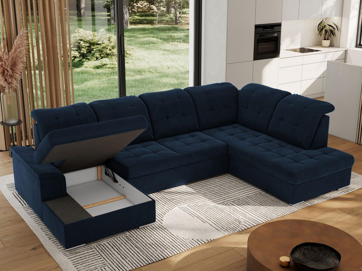 WOHNLANDSCHAFT MADRITO U - Dunkelblau Velorus - Rechts - Silberfarben/Dunkelblau, Textil/Metall (323/89/204cm) - MKS