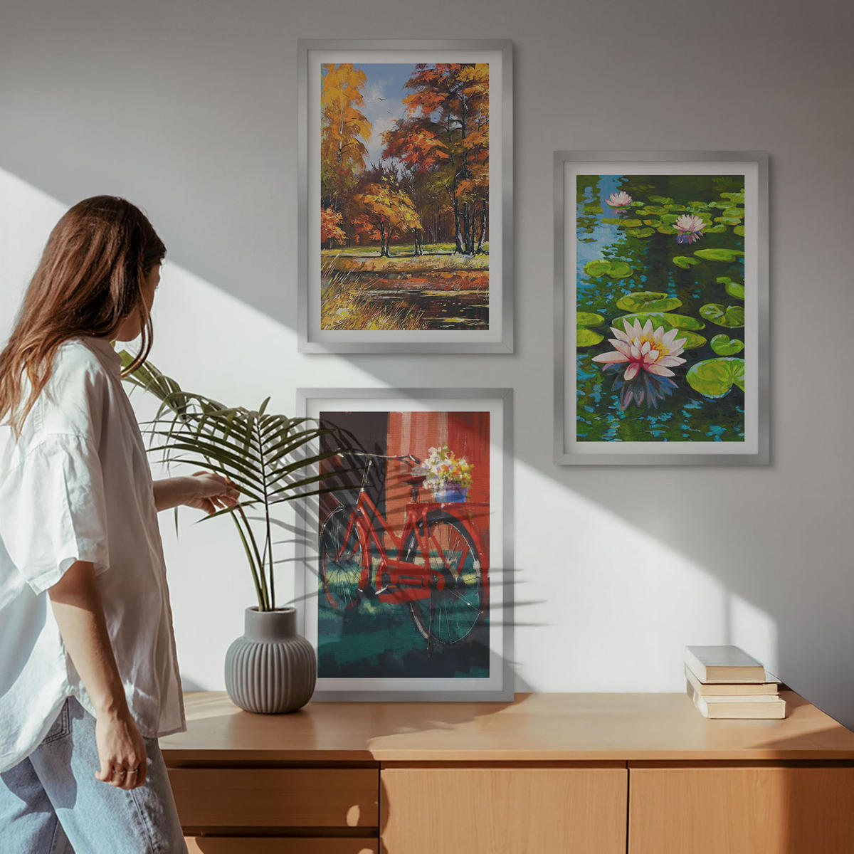 WANDBILDER 3er Set - 40x60 cm Silberner Rahmen - Herbstfarbene Lilienterrasse - Silberfarben, Kunststoff (40/60cm) - ArtPrintCave