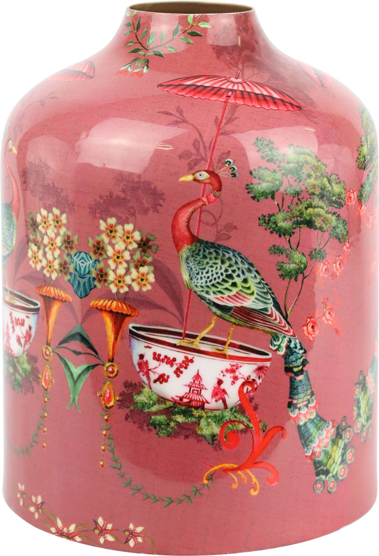VASE Asian Fauna rot mit Pfauenmotiv - Rot, Metall (23cm) - FURNARO