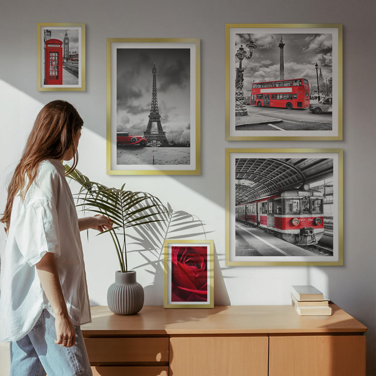 WANDBILDER 5er Set - 50x50 cm & 20x30 cm & 40x60 cm Goldrahmen - Ikonische Städte London Paris Eisenbahn - Goldfarben, Kunststoff (40/60cm) - ArtPrintCave
