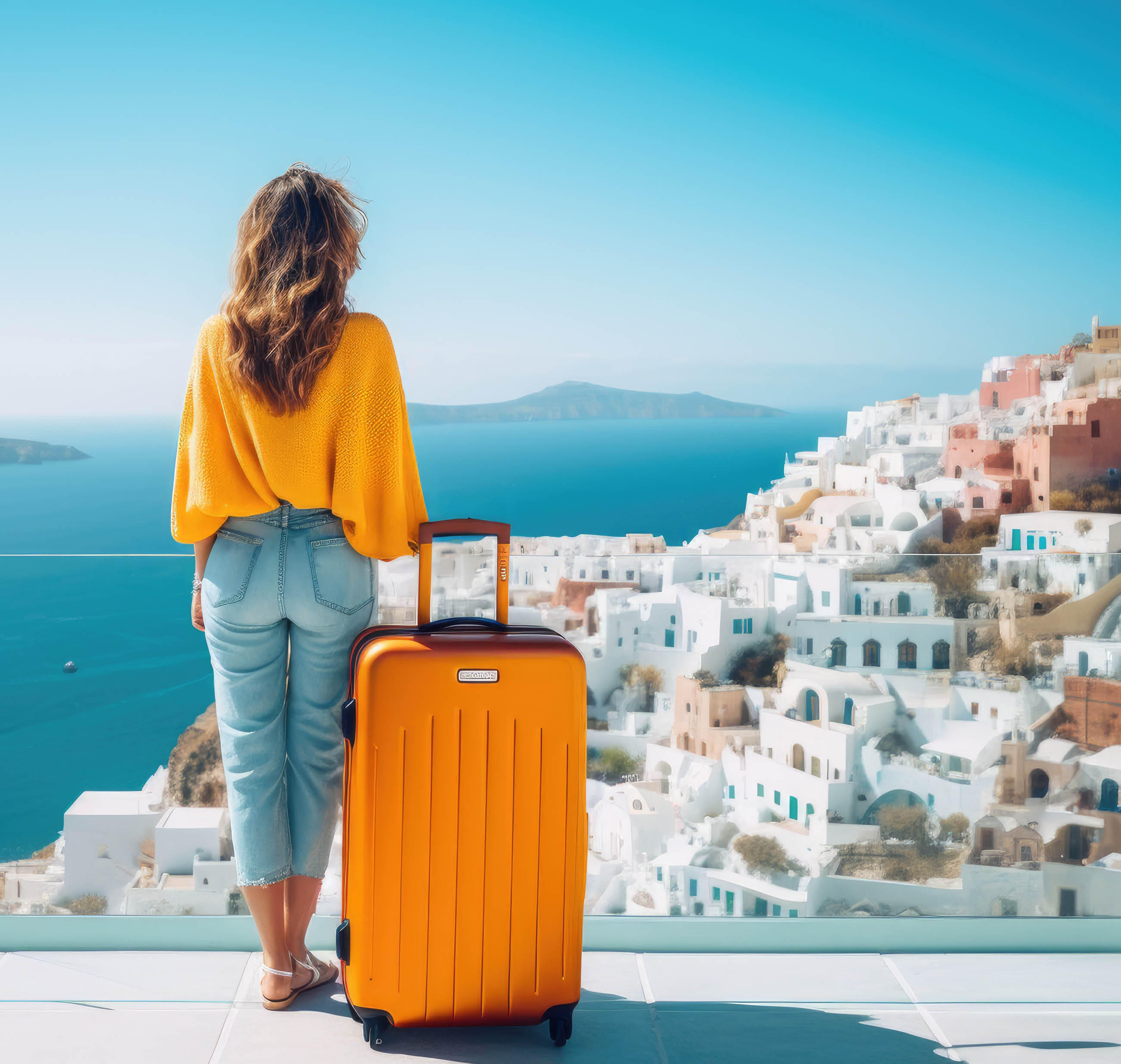 Frau mit orangefarbenem Koffer auf Balkon mit Blick auf das Meer und griechische Inseln, ideal für Reiseinspiration.