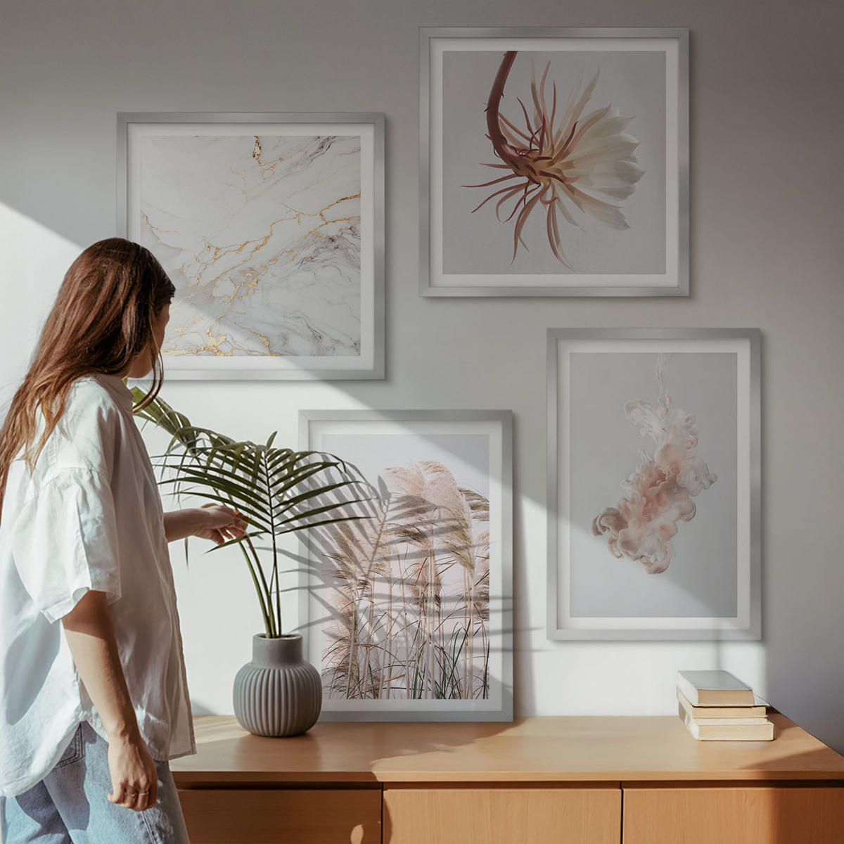 WANDBILDER 4er Set - 50x50 cm & 40x60 cm Silberner Rahmen - Elegante Gräser, Blumen, Marmor - Silberfarben, Kunststoff (50/50cm) - ArtPrintCave