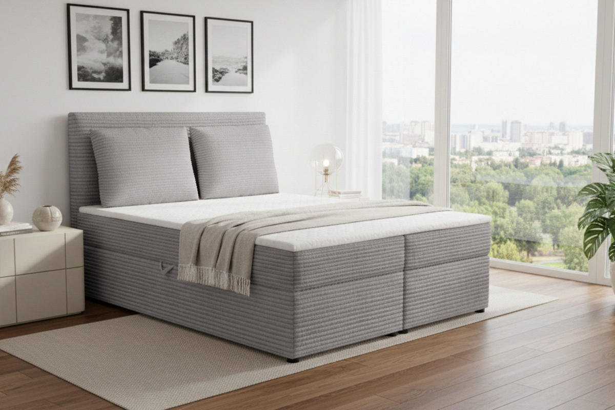 BOXBETT TAMI 120/200 in Cord Hellgrau H3 - Hellgrau, Holz/Holzwerkstoff (140/200cm) - Deine Möbel 24