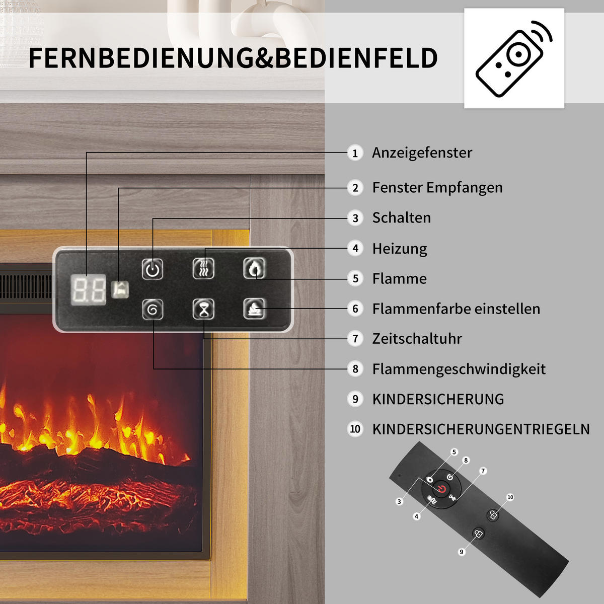 ELEKTROKAMIN freistehend 3D Flamme LED Dekokamin Eiche - Eichefarben, Holz (34.5/88.8/101cm) - LEBENLANG
