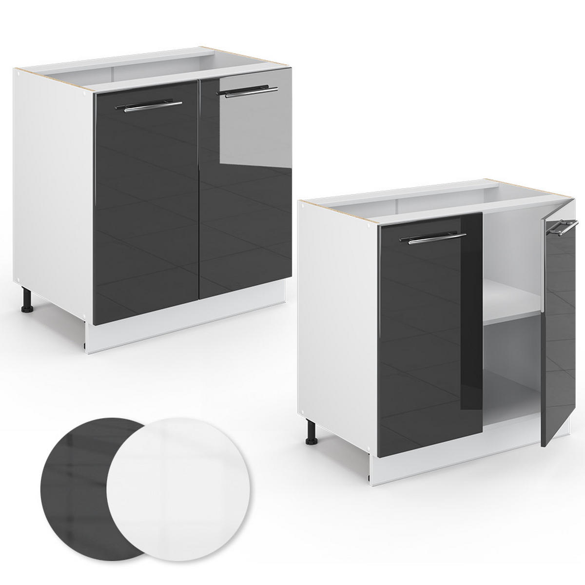 SPÜLENUNTERSCHRANK Fame-Line Anthrazit Hochglanz 80 cm mit Regal AP Eiche - Schwarz Hochglanz/Anthrazit, Holzwerkstoff (80/82/60cm) - Vicco