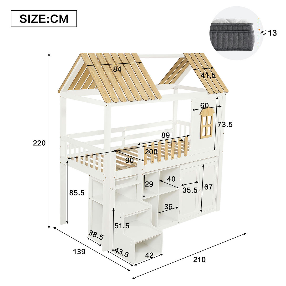 ETAGENBETT 90/200 cm in Weiß & Natur mit Regal, Schrank und Treppe - Weiß/Naturfarben, Holz/Holzwerkstoff (90/200cm) - WISHDOR