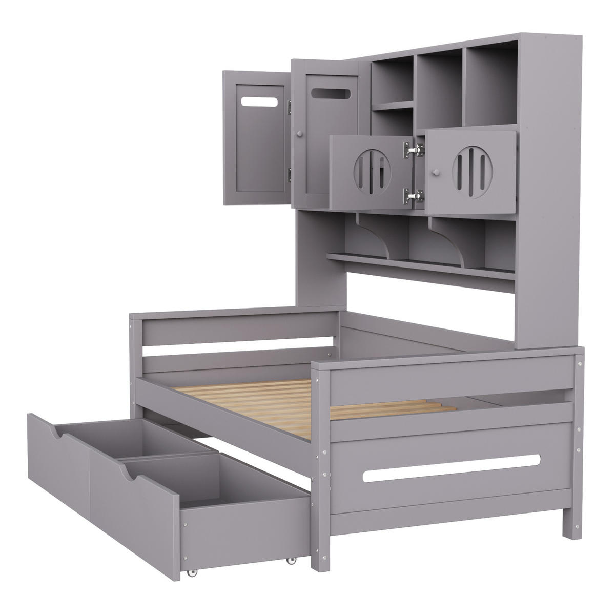 MULTIFUNKTIONSBETT aus Kiefernholz 90x200 cm Grau mit Stauraum, 2 Schubladen und Aufsatzregal - Grau, Holz (90/200cm) - Modfu