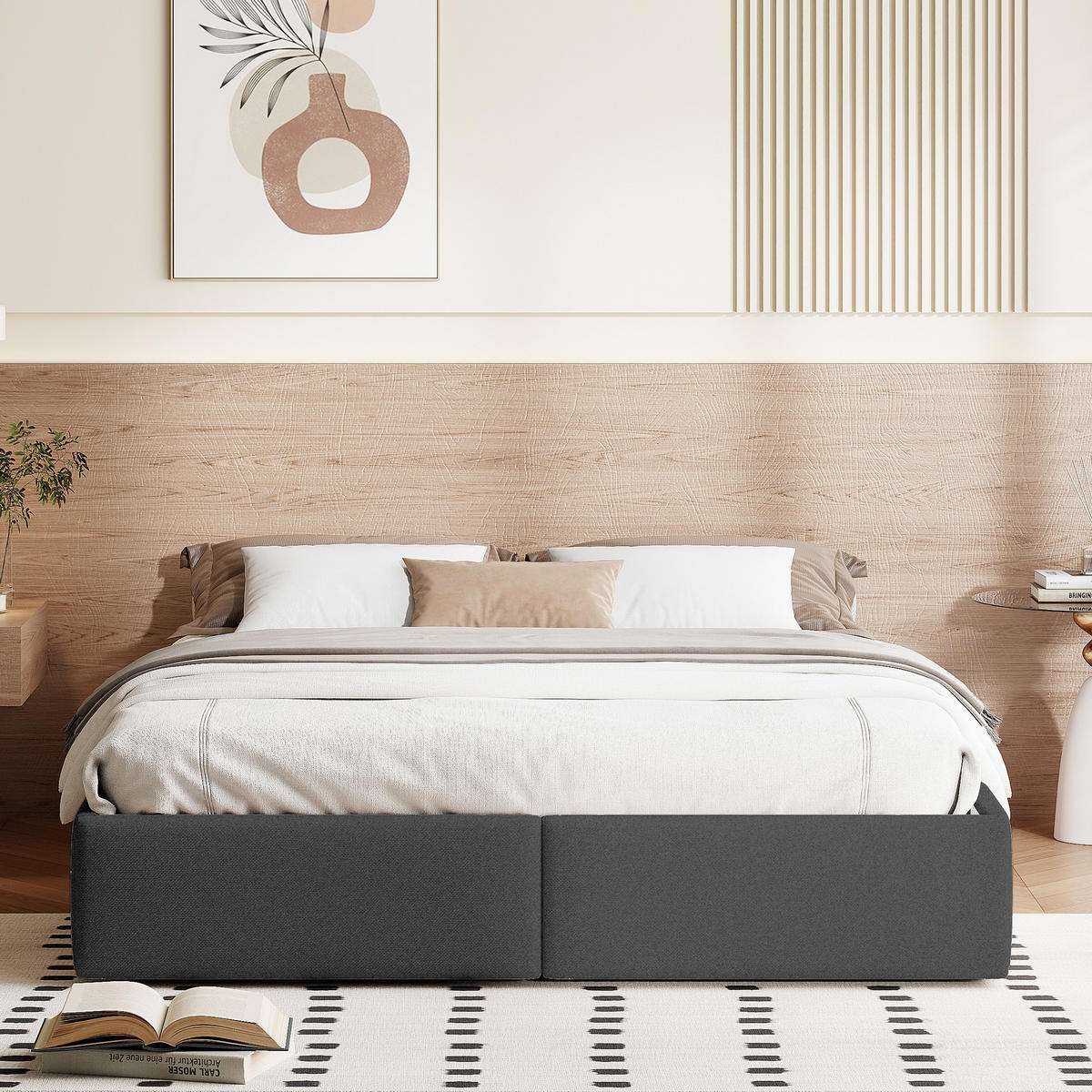 POLSTERBETT 140/200 cm, mit hydraulischem Stauraum und 2 Schubladen, keiner Kopfteil, Grey - Grau, Holzwerkstoff (140/200cm) - Brevoria