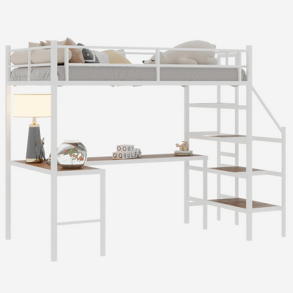 HOCHBETT 90/200 cm mit L-förmigem Schreibtisch, Treppe, Stauraum und umlaufendem Geländer, Weiß - Weiß, Metall (90/200cm) - Redom