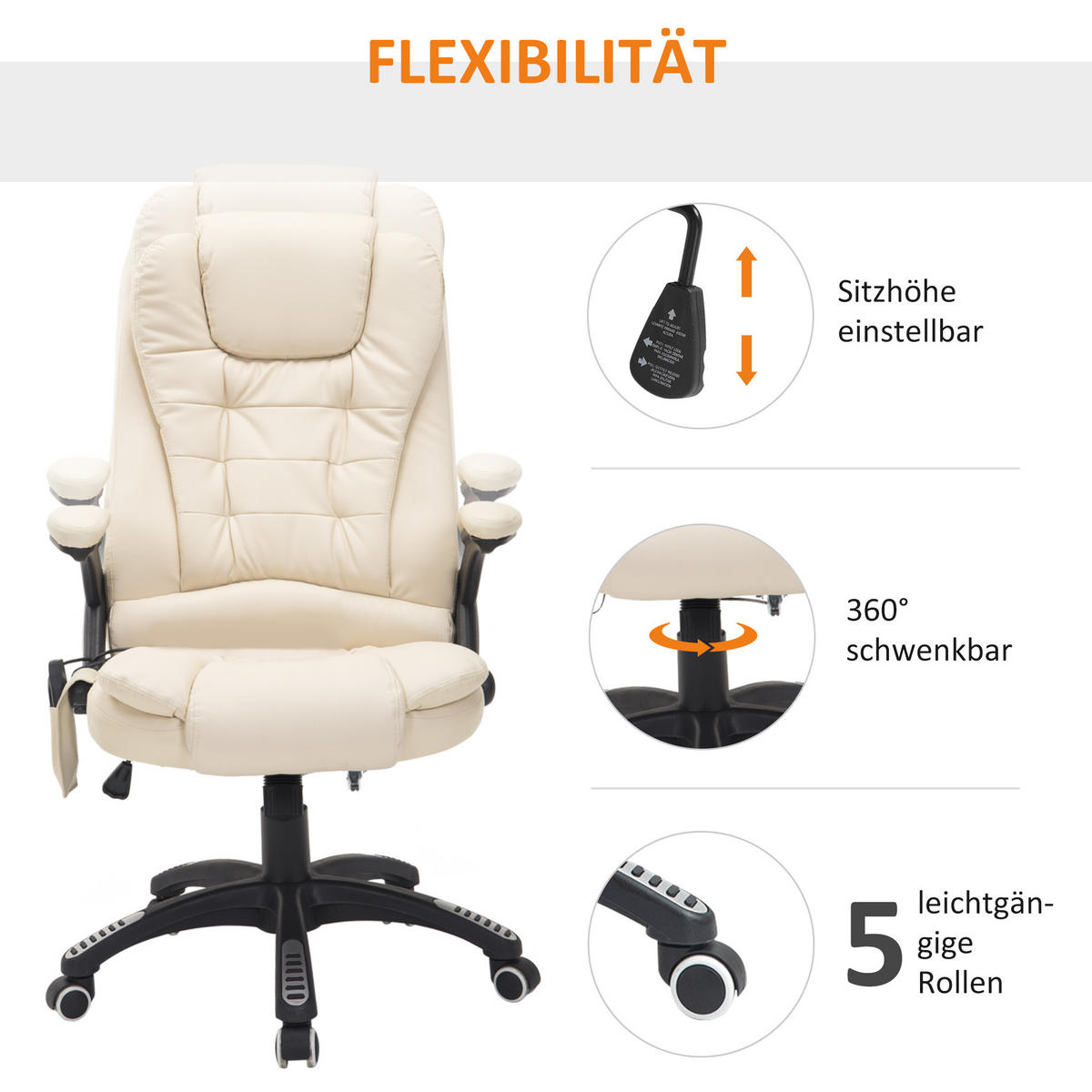 MASSAGESESSEL Bürostuhl Drehstuhl mit Wärmefunktion Chefsessel Bürosessel - Schwarz/Weiß, Kunststoff (68/121/62cm) - HOMCOM