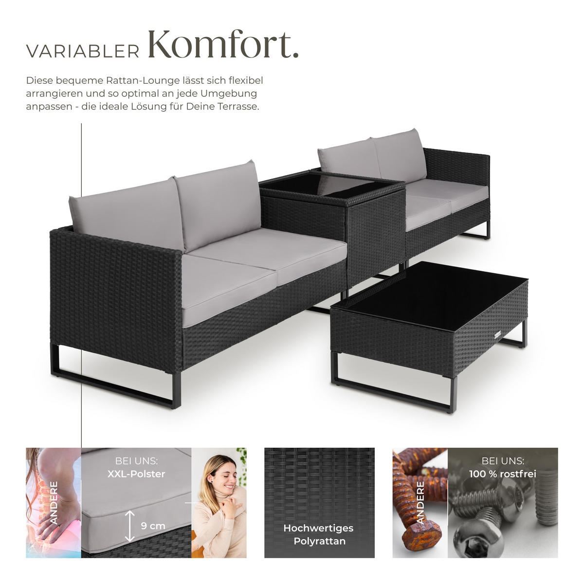 RATTANLOUNGE Ostuni,mit Sicherheitsglasplatte,schwarz - Schwarz, Kunststoff - tectake