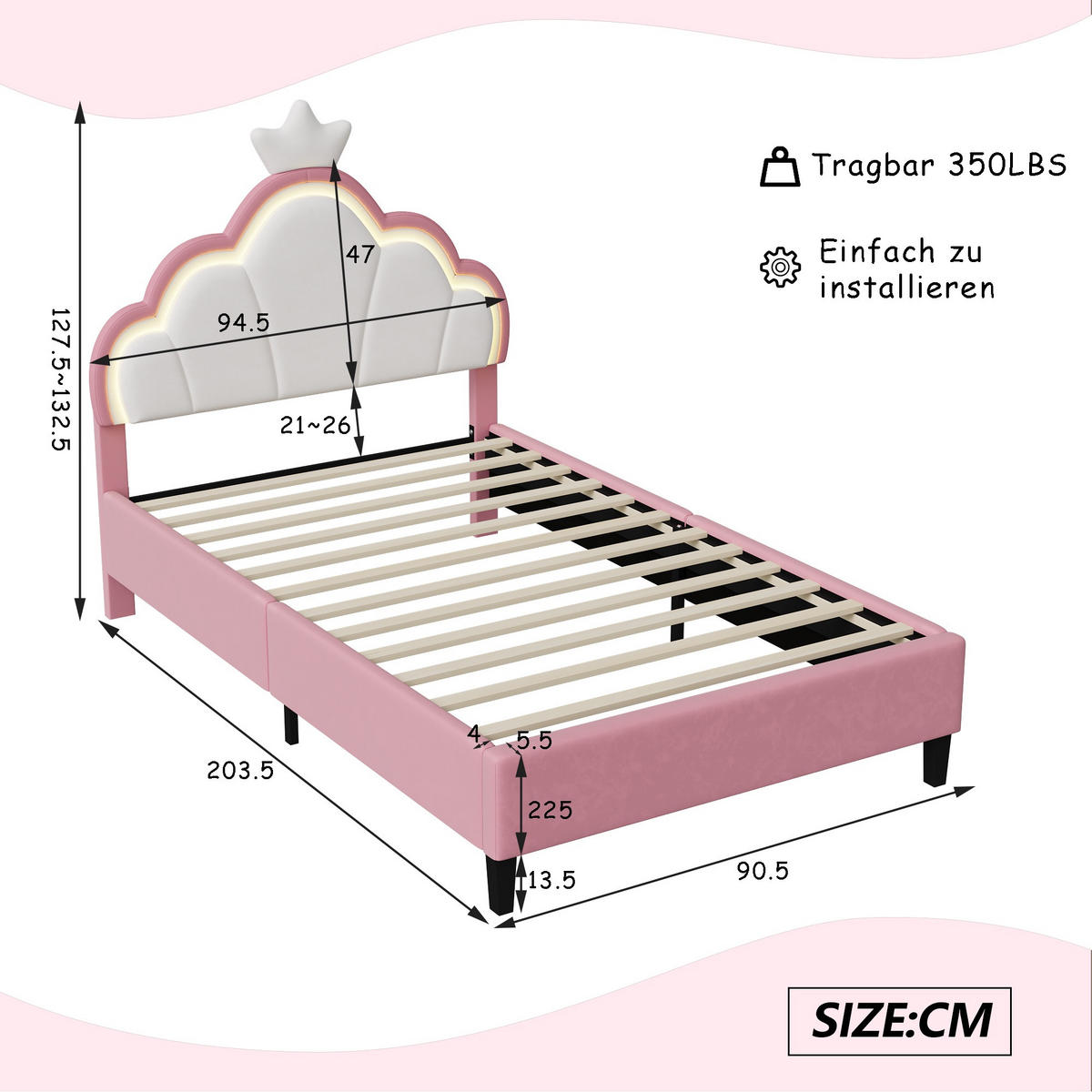 POLSTERBETT Kinderbett 90x200cm Kronen-Design LED-Beleuchtung Samt Rosa & Weiß - Rosa, Textil (90/200cm) - DELFA