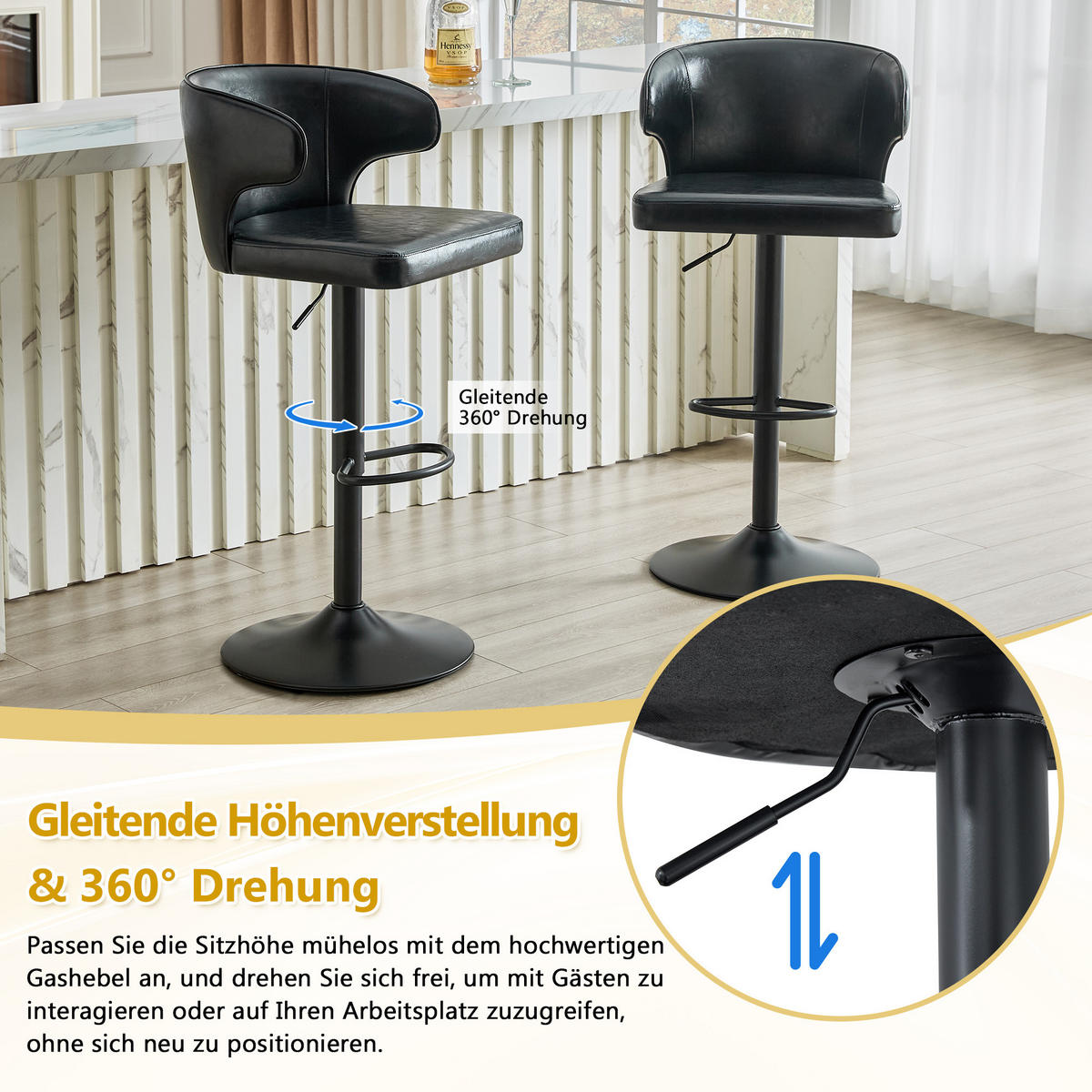 BARHOCKER DE-36725 2er-Set höhenverstellbar mit 360°-Drehung und PU Schwarz - Schwarz, Metall (45/110/49.7cm) - ComfortXL