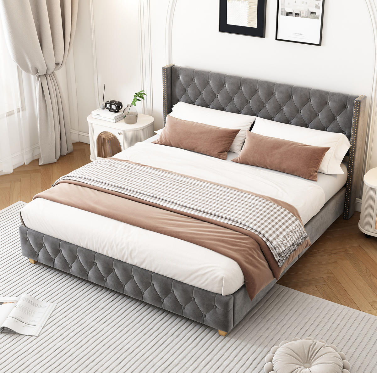 POLSTERBETT 160/200 cm Grau aus Samt mit Lattenrost und Knopfpolsterung - Grau, Textil (160/200cm) - OKWISH