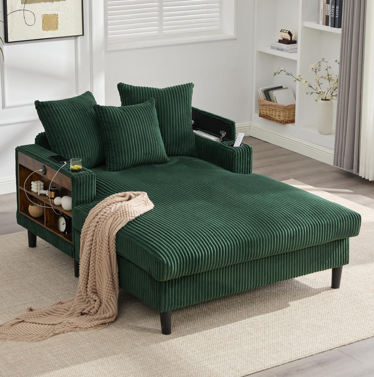 CHAISELONGUE mit LED, USB und Stauraum 129 x 170 cm Cord Emerald - Smaragdgrün, Holz (170/70/129cm) - Meubliv