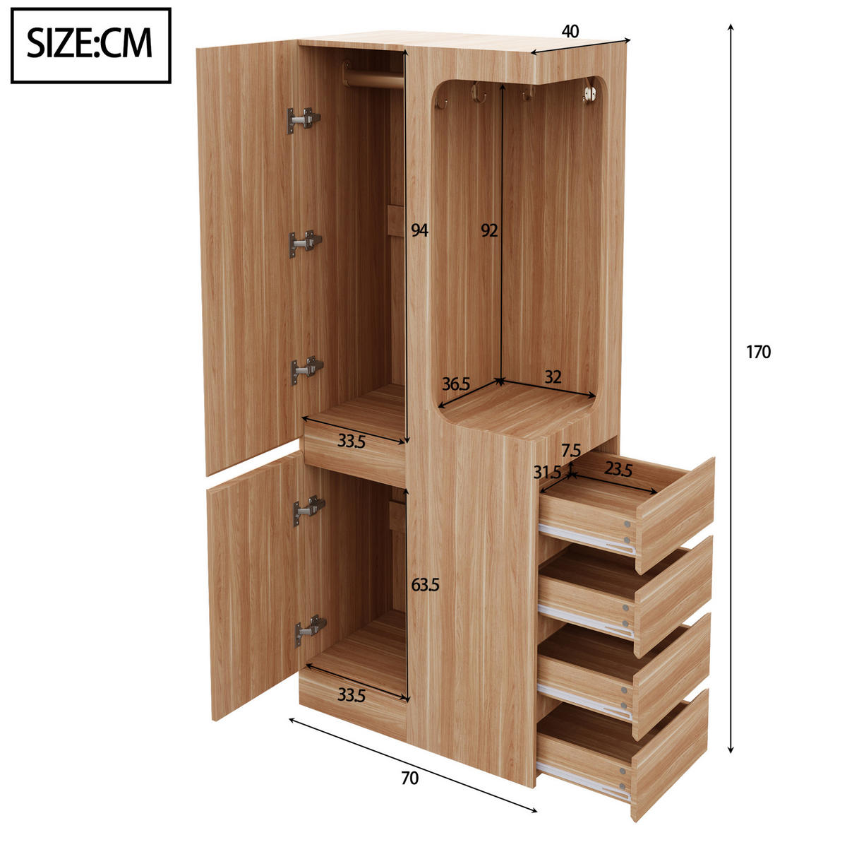 KLEIDERSCHRANK aus Holz 70x40x170 cm Naturholz/Weiß mit Schubladen, offener Hängefläche und 1 Tür - Nussbaumfarben, Holzwerkstoff (70/170/40cm) - Modfu