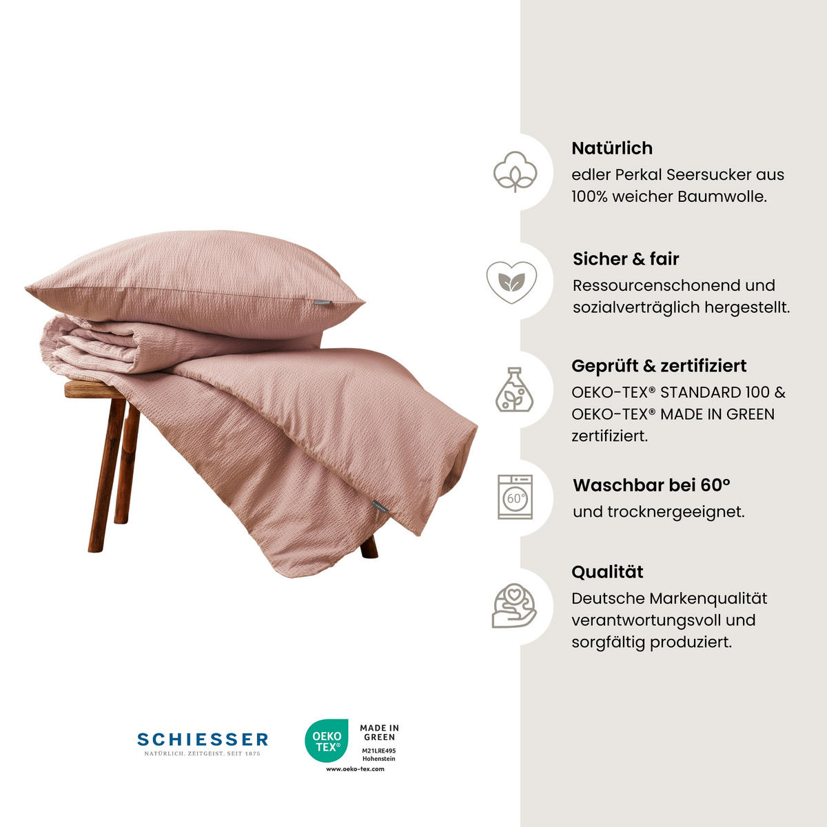 BETTWÄSCHESET Laura - Baumwoll Seersucker - 2-teilig - 135 x 200 cm - Hellrosa - Hellrosa, Textil (135/200cm) - SCHIESSER