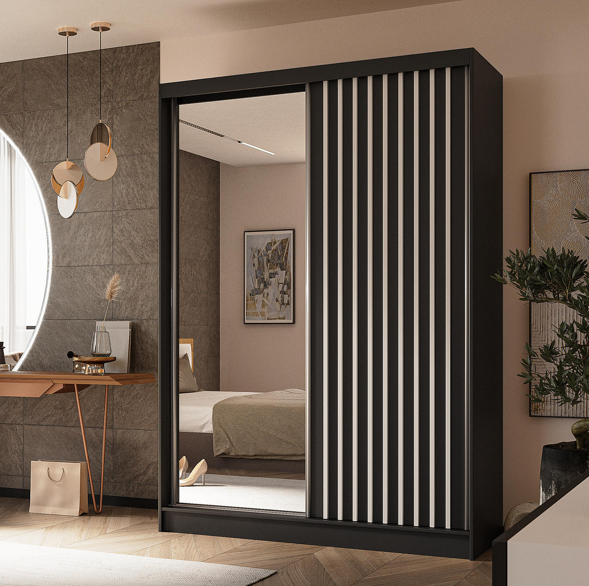SCHWEBETÜRENSCHRANK Cabinio Schwarz Weiß 150/216/61 cm – mit Spiegel und Lamellen - Schwarz/Weiß, Holzwerkstoff/Kunststoff (150/216/61cm) - AX Living