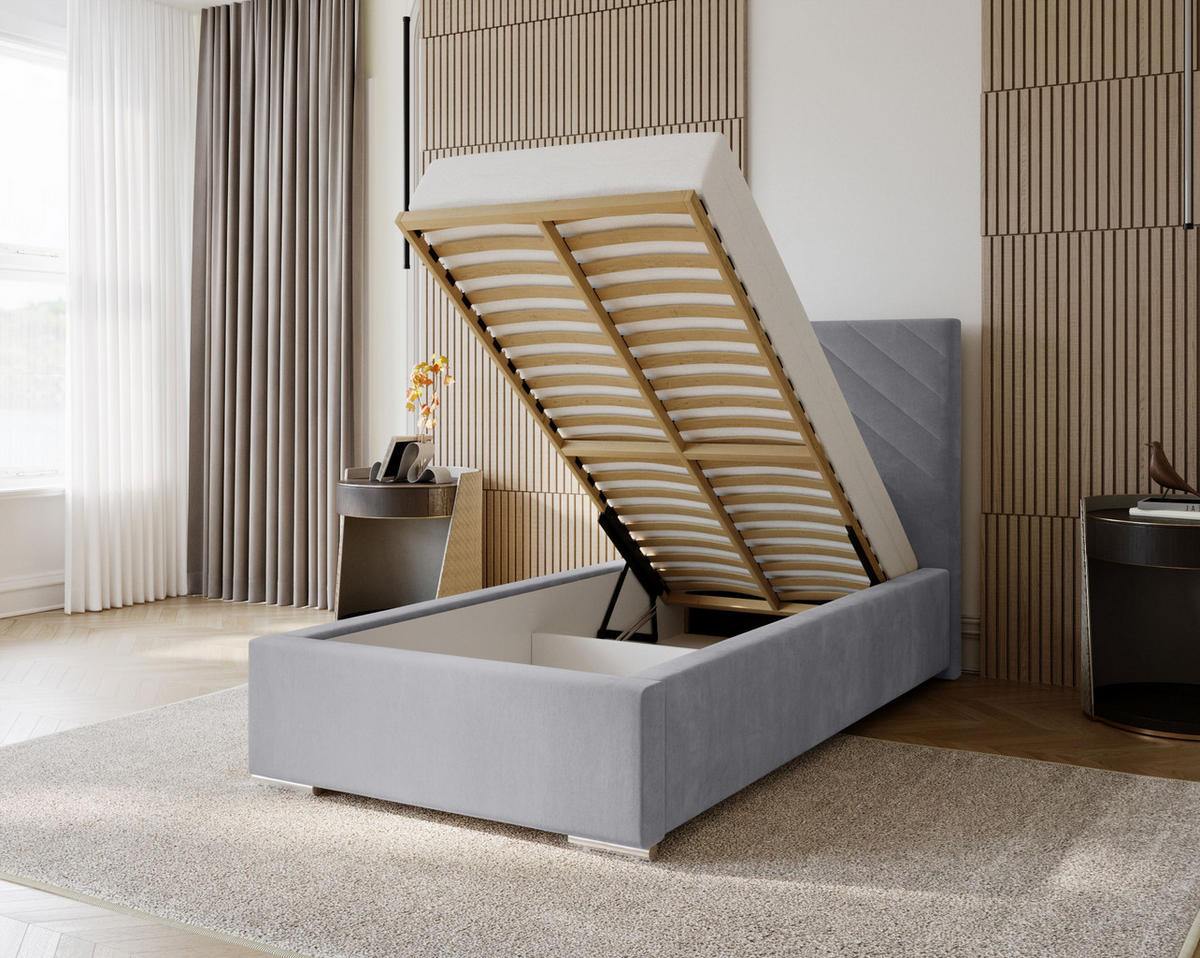 POLSTERBETT Aura 90x200 cm, Einzelbett mit Bettkasten, Lattenrost und Matratze aus Holz, Velourstoff: Dunkelblau - Dunkelblau, Holz/Kunststoff (90/200cm) - Marpur