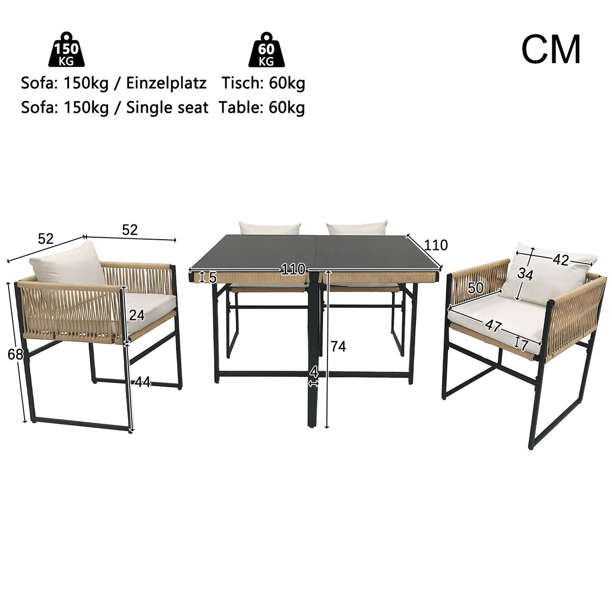 GARTENESSGRUPPE 5-tlg. Tisch 4 Stapelstühle Seil Eisen Glas - Beige, Metall - FLIEKS