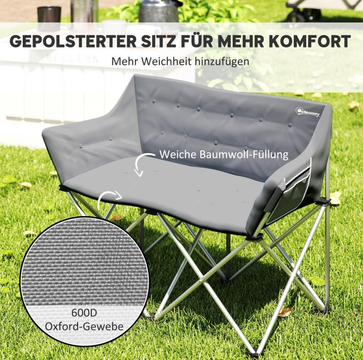 GARTENSTUHL aus Metall 120x57x95 cm in Grau mit Seitentaschen - Grau, Metall (120/95/57cm) - Modfu